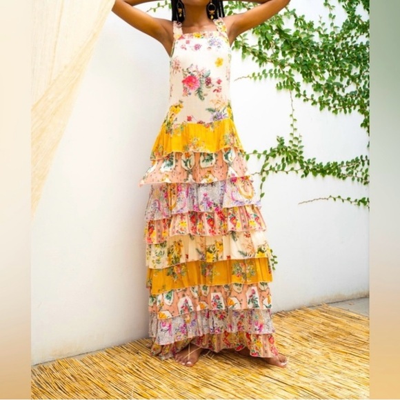 Beatnik Philosophy Floral Tiered maxi dress mixed print patchwork boho hippie S